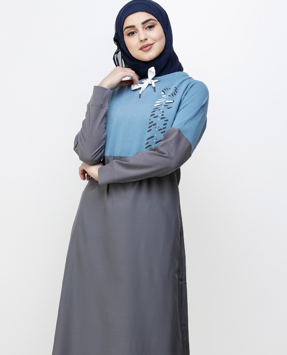 Asphalt Grey & Blue Drawstring Jilbab Abaya