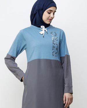 Asphalt Grey & Blue Drawstring Jilbab Abaya