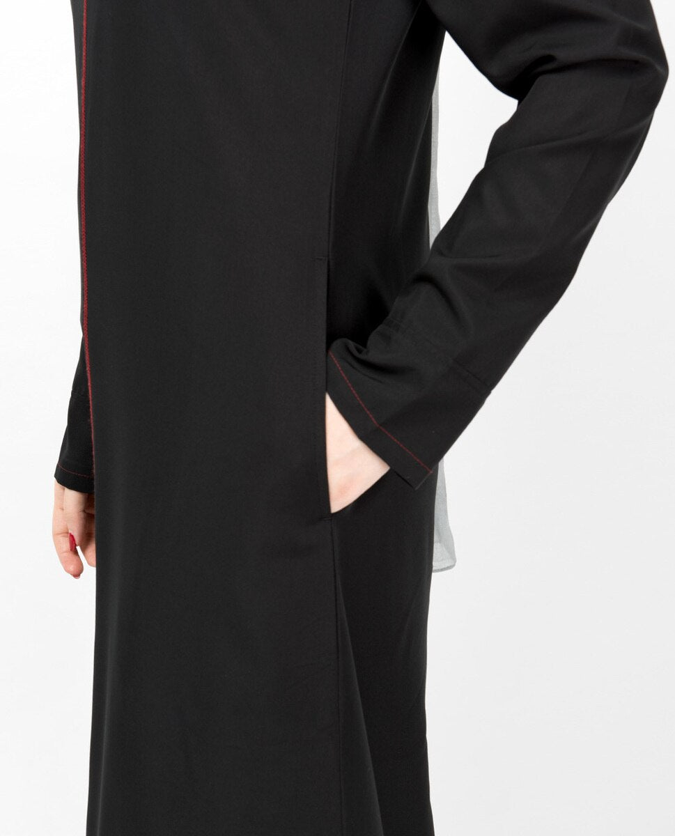 Black Contrast Trim High Low Jilbab Abaya