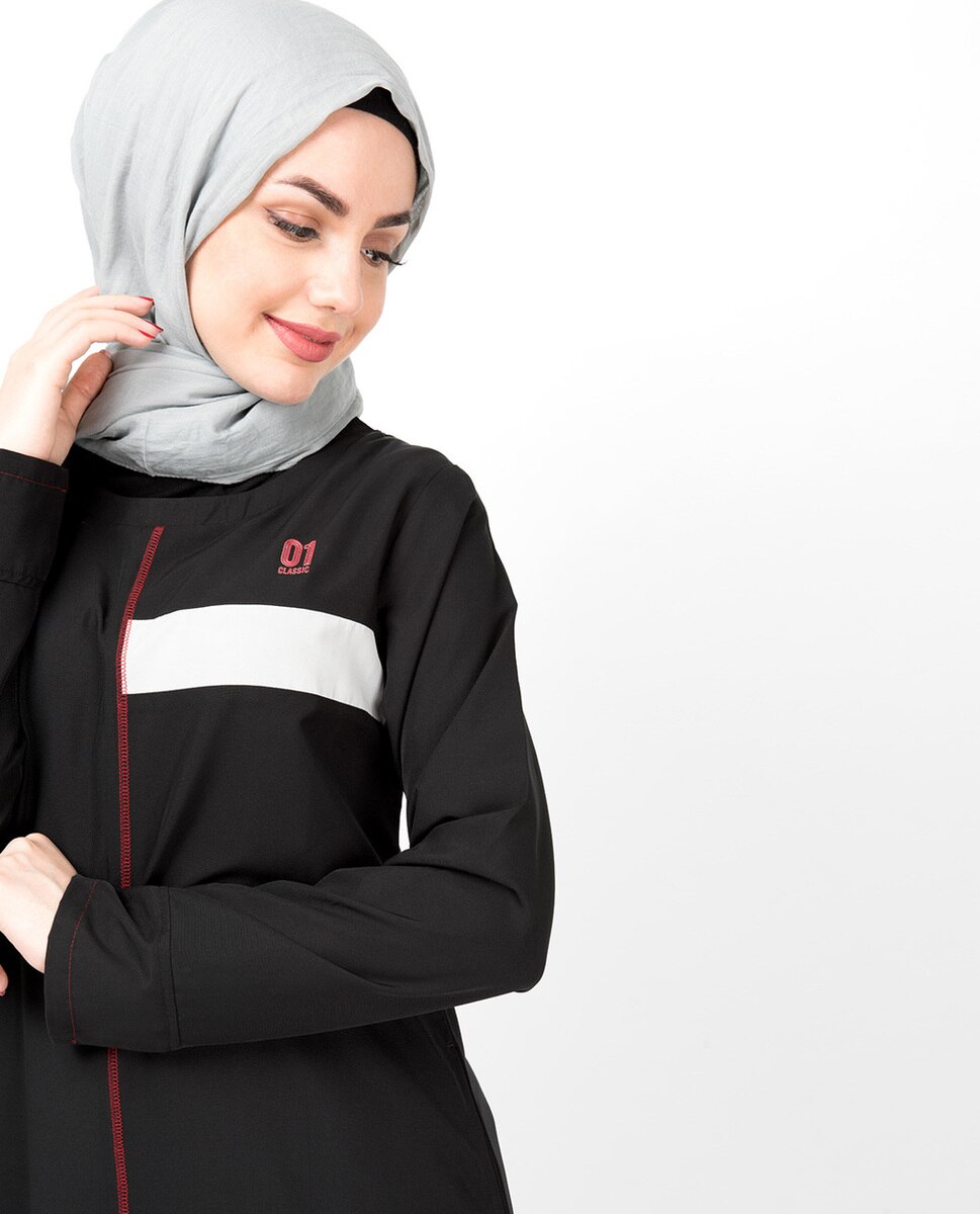 Black Contrast Trim High Low Jilbab Abaya