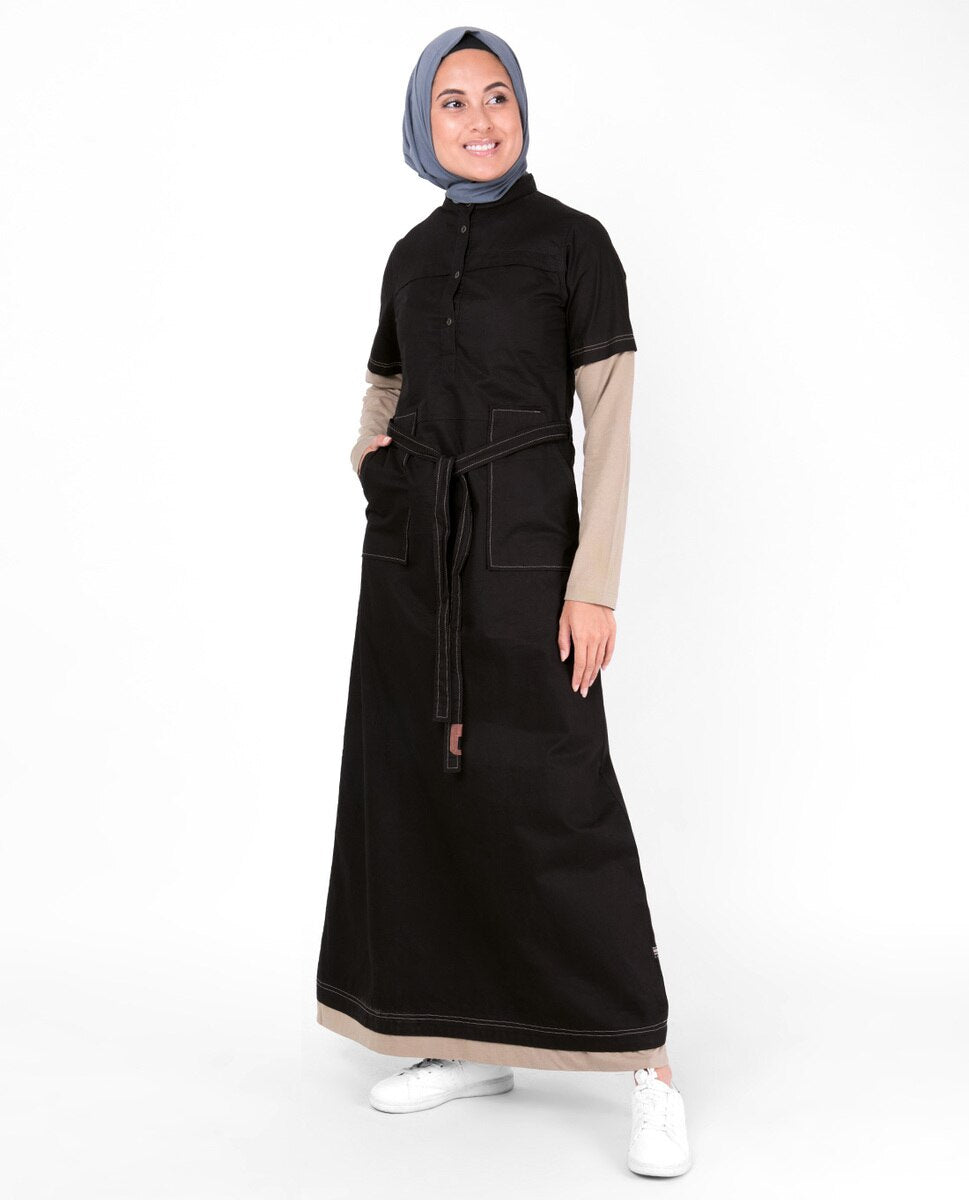 Black Tie Up Contrast Sleeve Abaya