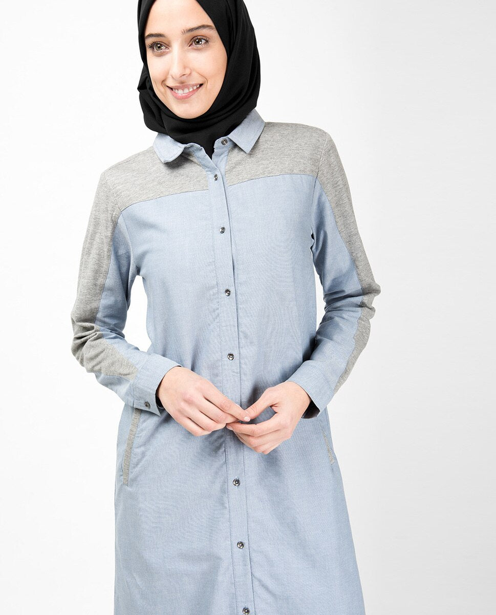 Blue & Grey Mix Fabric Long Shirt Dress