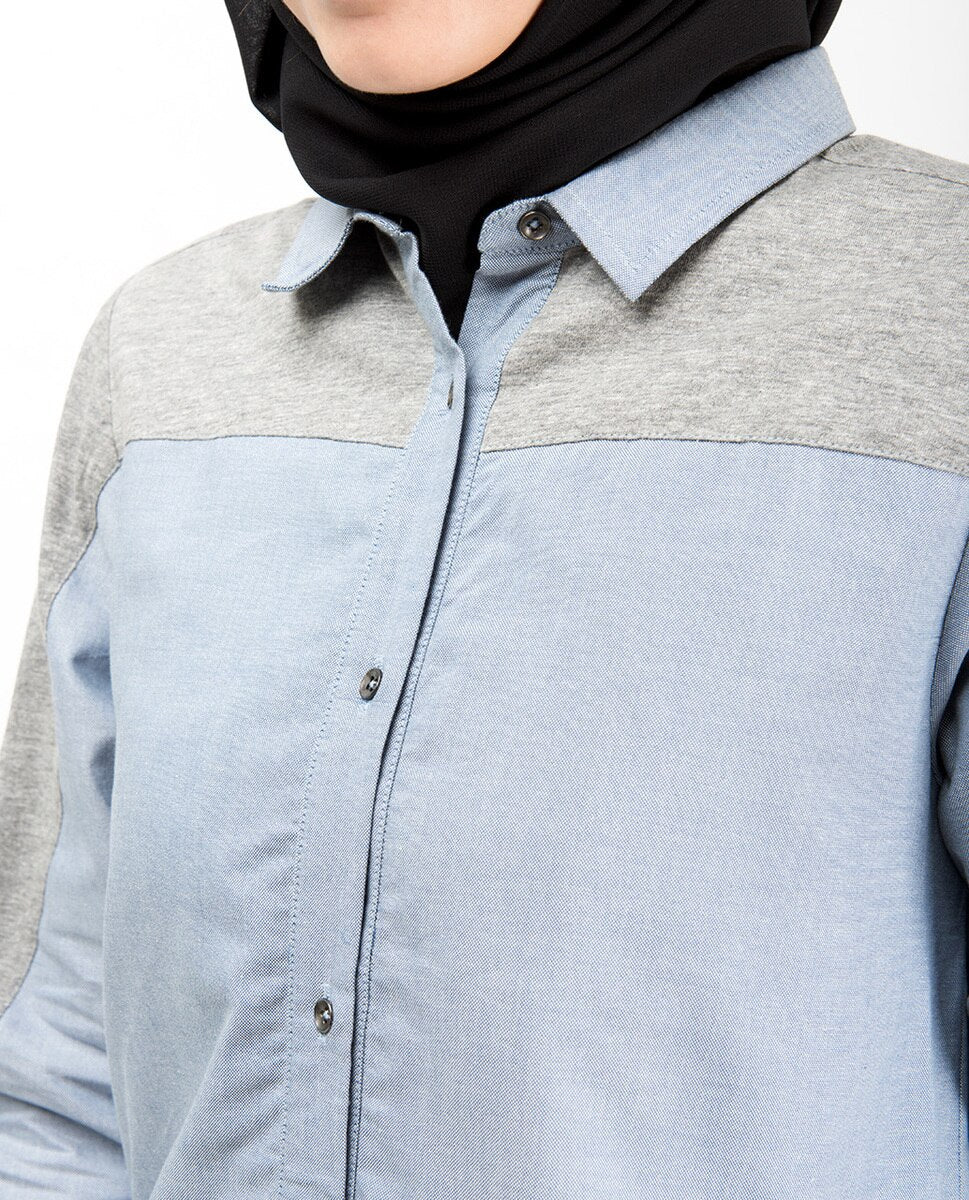 Blue & Grey Mix Fabric Long Shirt Dress