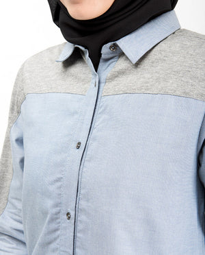 Blue & Grey Mix Fabric Long Shirt Dress