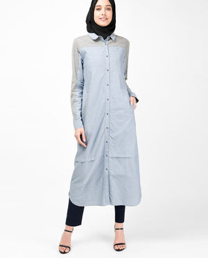 Blue & Grey Mix Fabric Long Shirt Dress