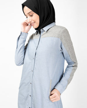 Blue & Grey Mix Fabric Long Shirt Dress