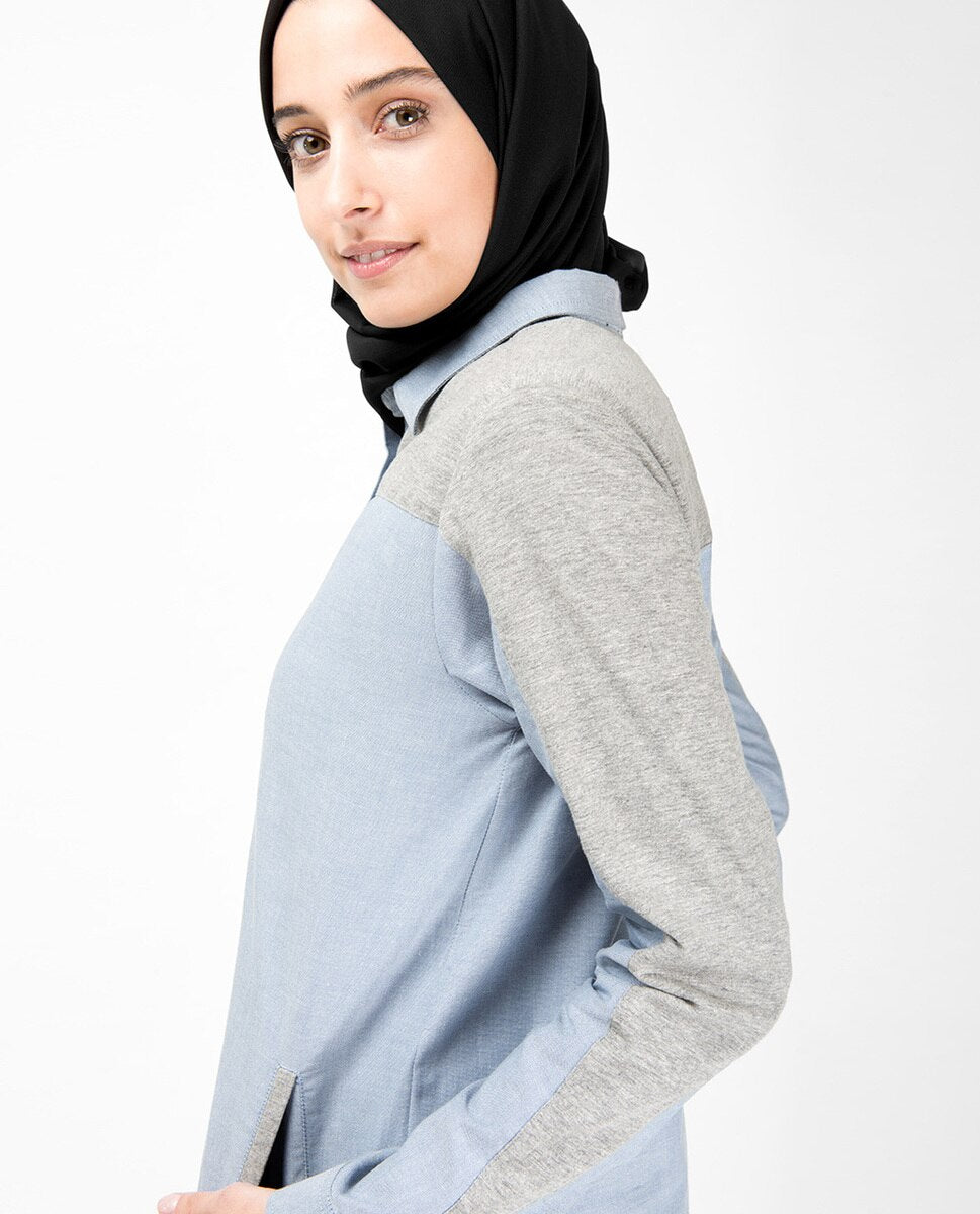 Blue & Grey Mix Fabric Long Shirt Dress