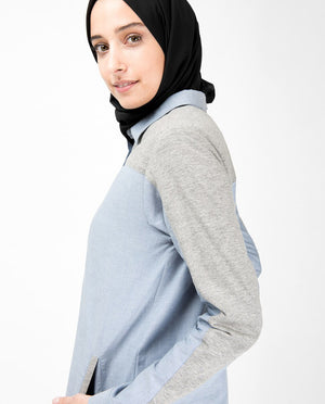 Blue & Grey Mix Fabric Long Shirt Dress