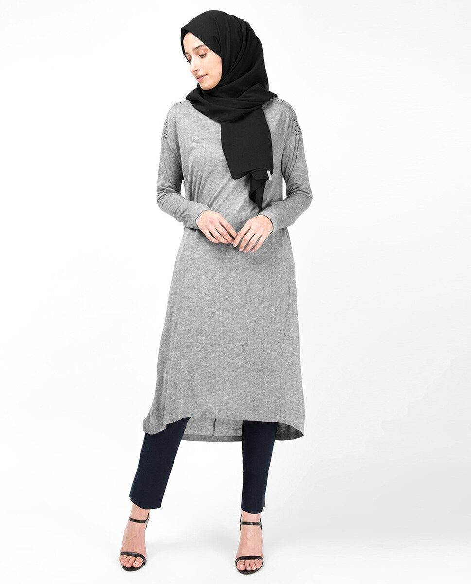 Boat Neck Grey Studded Long Top