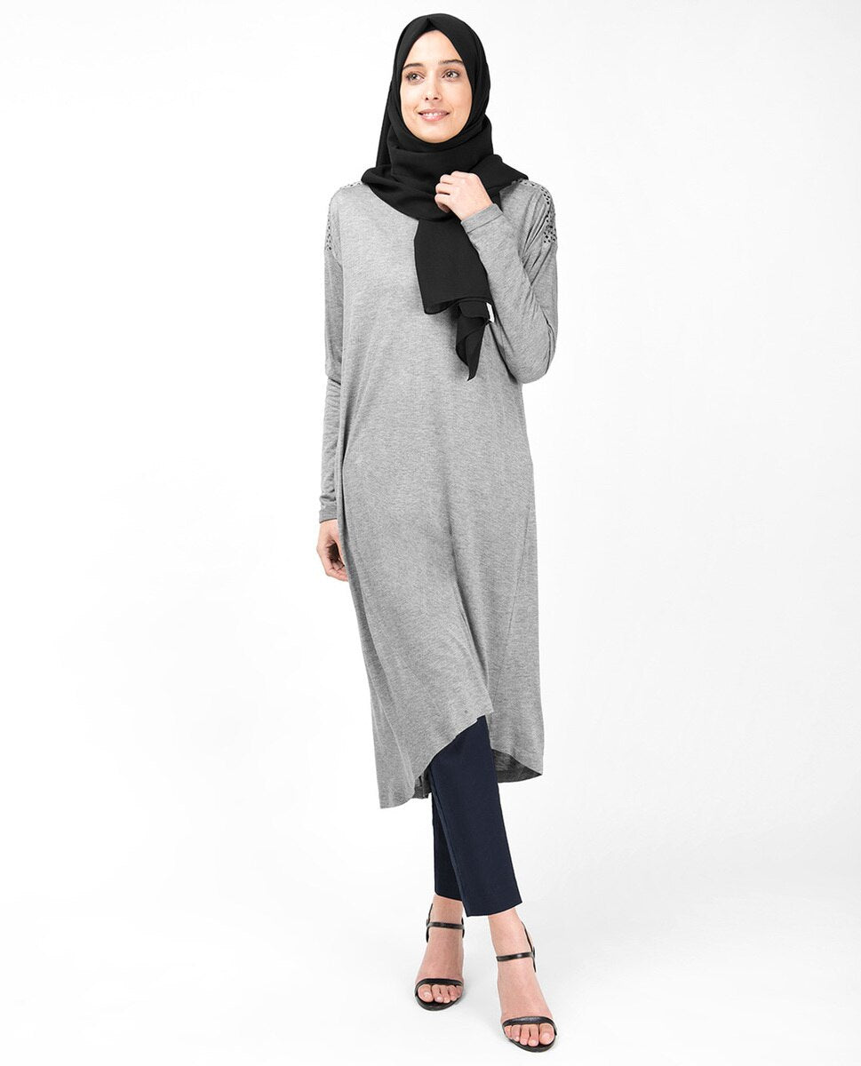 Boat Neck Grey Studded Long Top