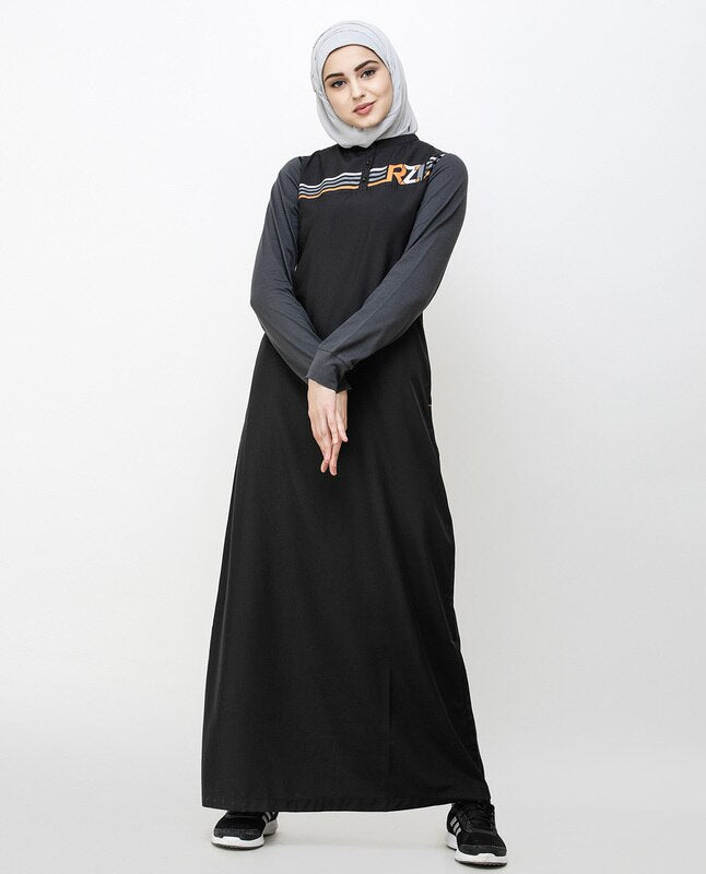 Contrast Sleeve Black Printed Jilbab Abaya