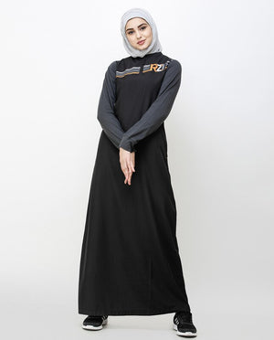 Contrast Sleeve Black Printed Jilbab Abaya