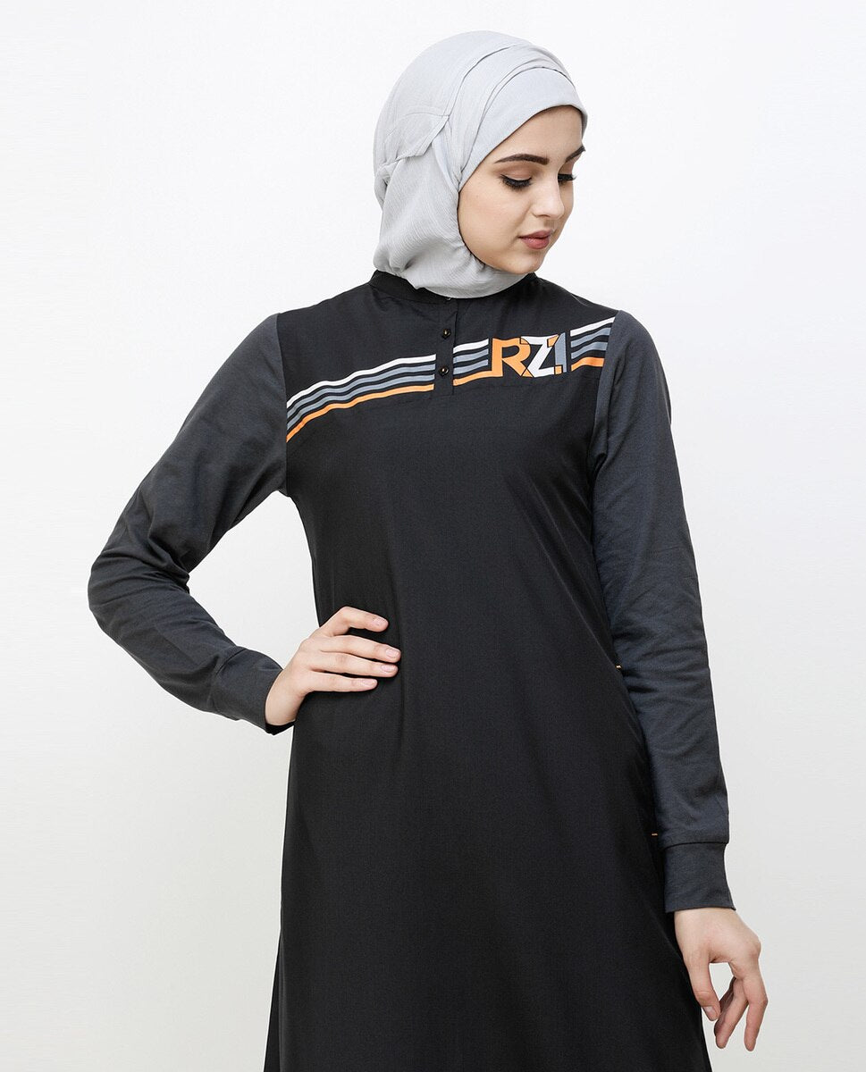 Contrast Sleeve Black Printed Jilbab Abaya