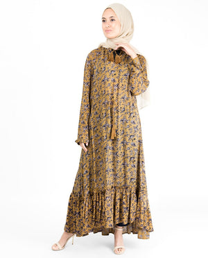 Floral Inverted Pleat Gauze Mustard Midi Dress