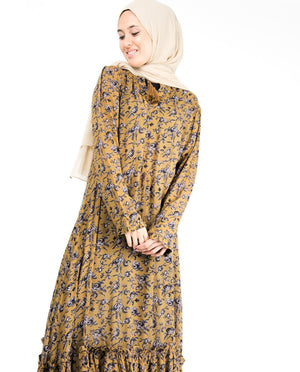 Floral Inverted Pleat Gauze Mustard Midi Dress