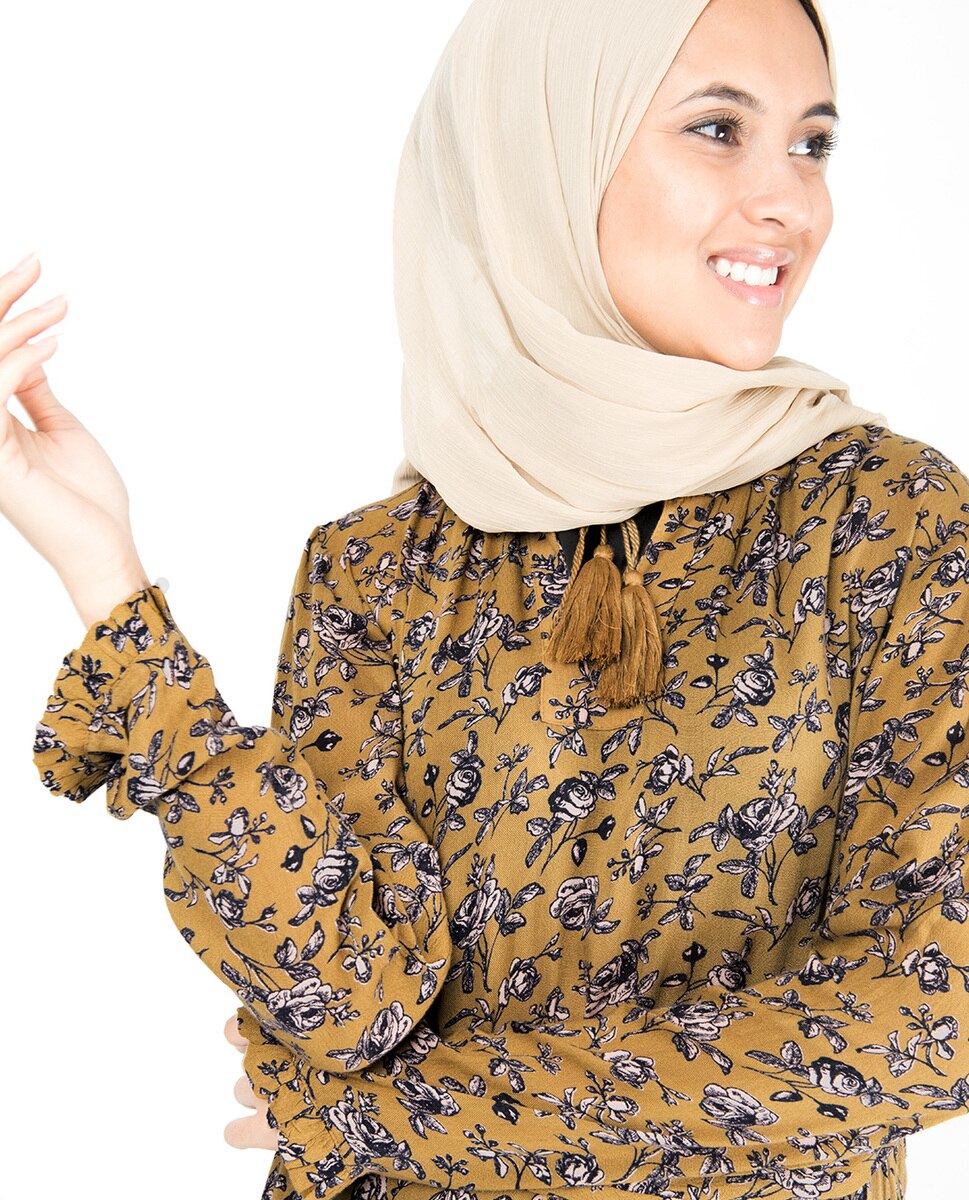 Floral Inverted Pleat Gauze Mustard Midi Dress
