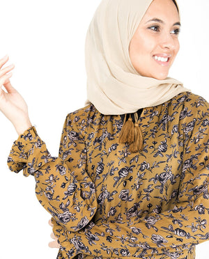Floral Inverted Pleat Gauze Mustard Midi Dress