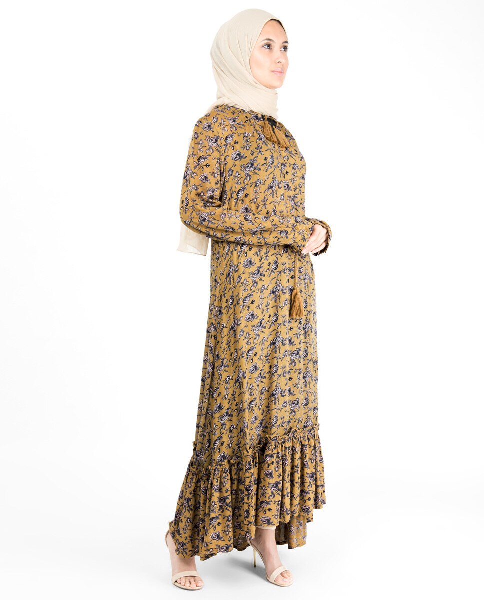 Floral Inverted Pleat Gauze Mustard Midi Dress