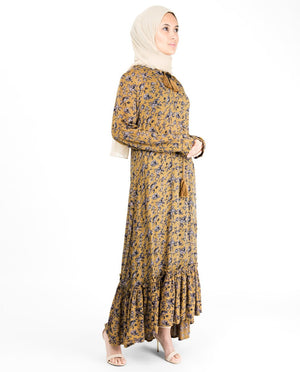 Floral Inverted Pleat Gauze Mustard Midi Dress