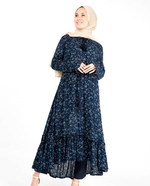 Floral Inverted Pleat Gauze Navy Midi Dress