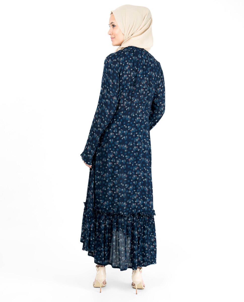 Floral Inverted Pleat Gauze Navy Midi Dress