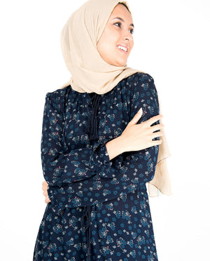 Floral Inverted Pleat Gauze Navy Midi Dress