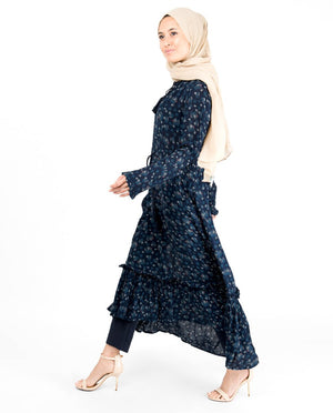 Floral Inverted Pleat Gauze Navy Midi Dress