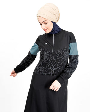 Front Zip Botanical Print Abaya Jilbab