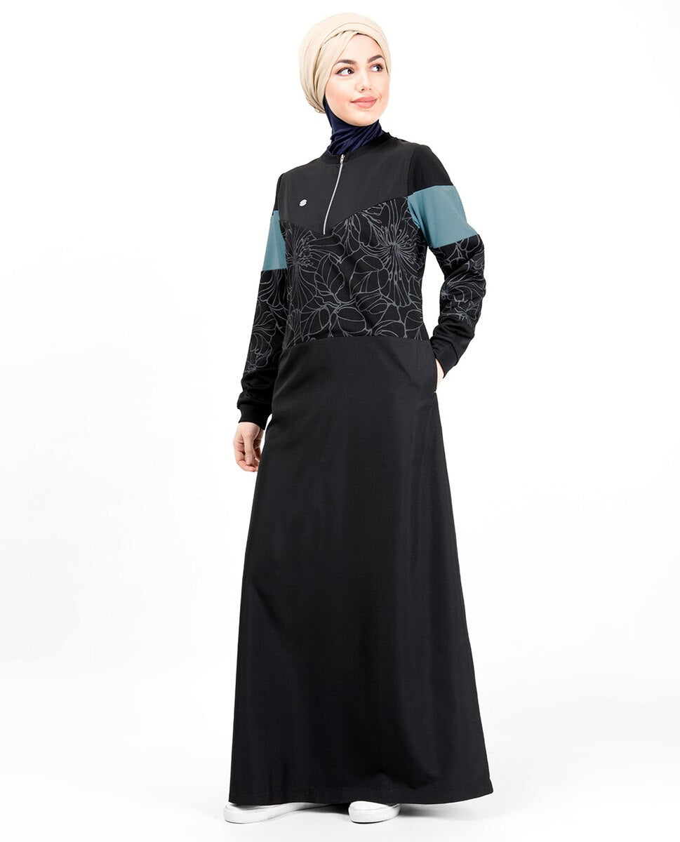 Front Zip Botanical Print Abaya Jilbab