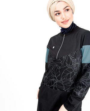 Front Zip Botanical Print Abaya Jilbab