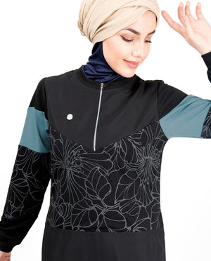 Front Zip Botanical Print Abaya Jilbab