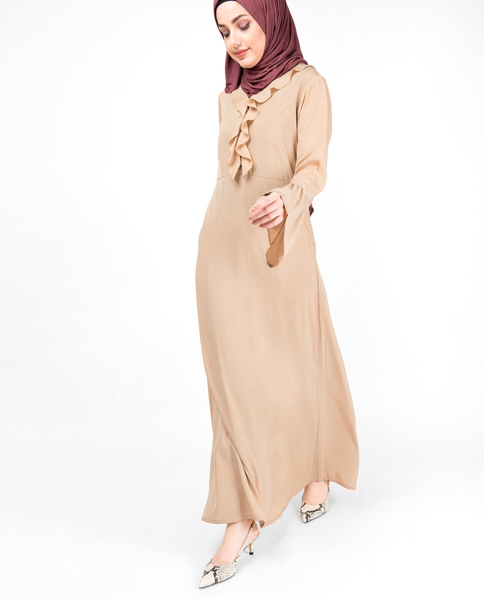 Lightweight Ruffle Neck Sand Abaya