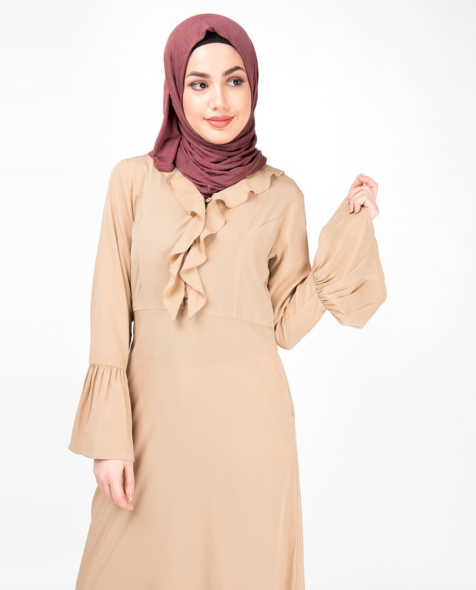 Lightweight Ruffle Neck Sand Abaya