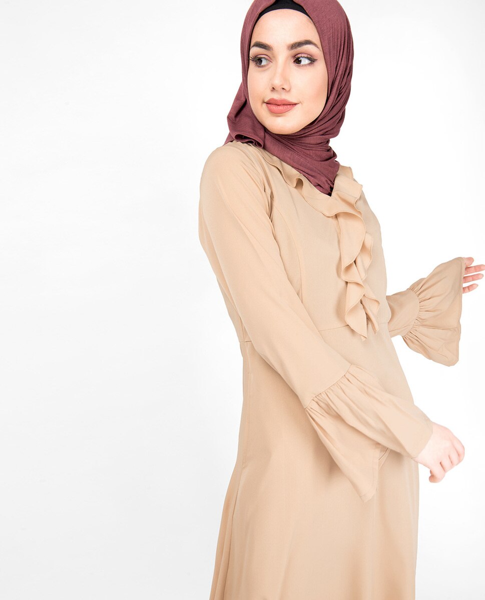 Lightweight Ruffle Neck Sand Abaya