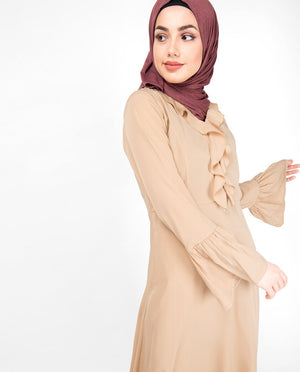 Lightweight Ruffle Neck Sand Abaya