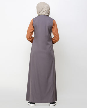 Rabbit Grey & Brown Shoulder Button Jilbab Abaya