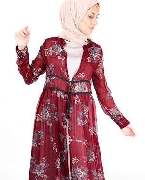 Red Floral Gathered Waist Poly Chiffon Outerwear