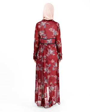 Red Floral Gathered Waist Poly Chiffon Outerwear