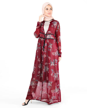 Red Floral Gathered Waist Poly Chiffon Outerwear