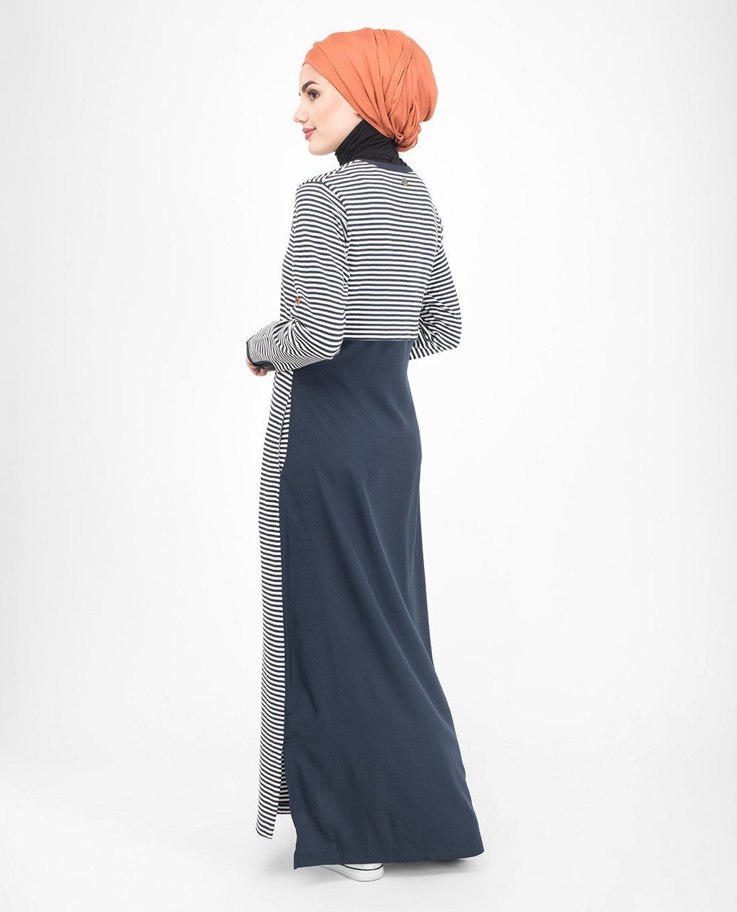 Beautiful Navy White Striped Mix Fabric Abaya or Jilbab S 54 Navy