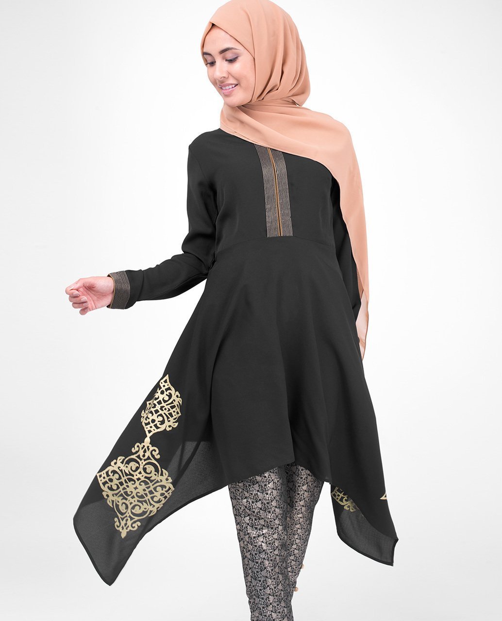 Black & Gold Print Modest Tunic Dress Small (8-10) Petite (- 5'2") Black & Gold
