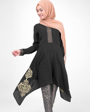 Black & Gold Print Modest Tunic Dress Small (8-10) Petite (- 5'2") Black & Gold