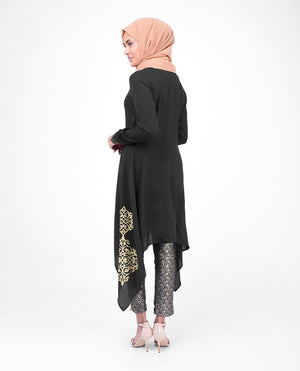 Black & Gold Print Modest Tunic Dress Small (8-10) Petite (- 5'2") Black & Gold