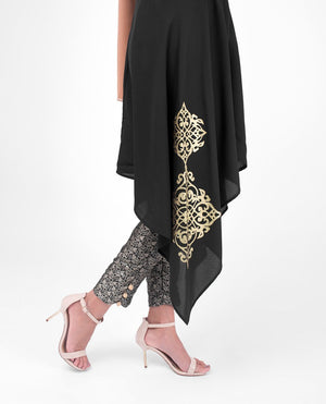 Black & Gold Print Modest Tunic Dress Small (8-10) Petite (- 5'2") Black & Gold