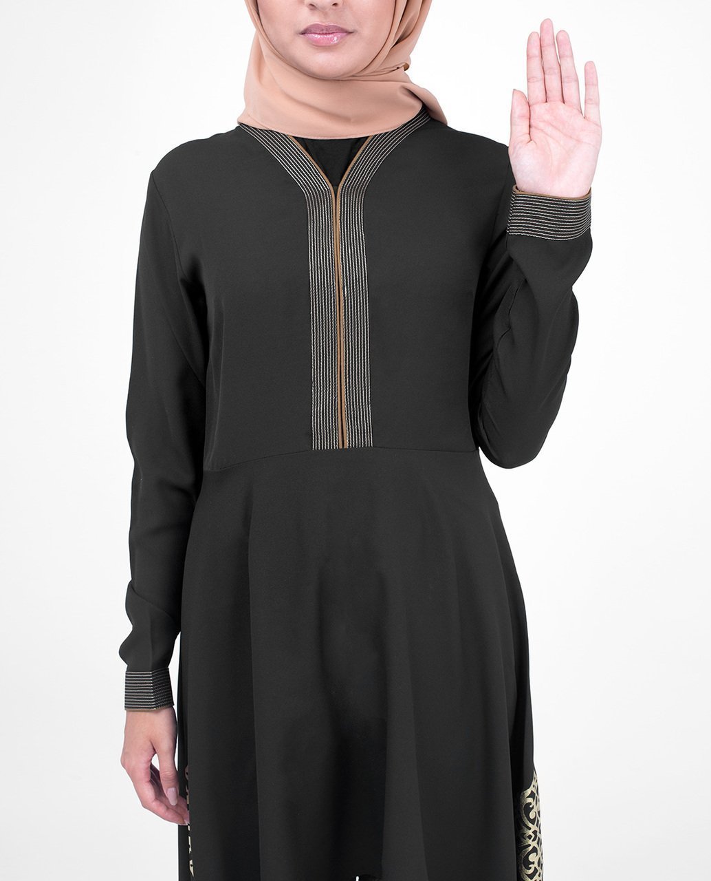 Black & Gold Print Modest Tunic Dress Small (8-10) Petite (- 5'2") Black & Gold