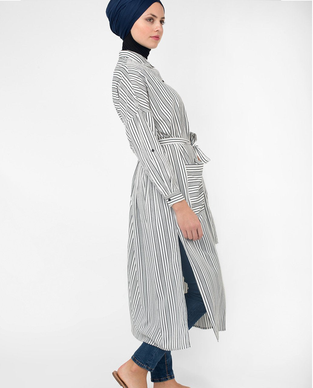 Black & White Striped Modest Shirt Dress Small (8-10) Petite (- 5'2")