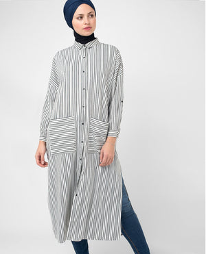Black & White Striped Modest Shirt Dress Small (8-10) Petite (- 5'2")