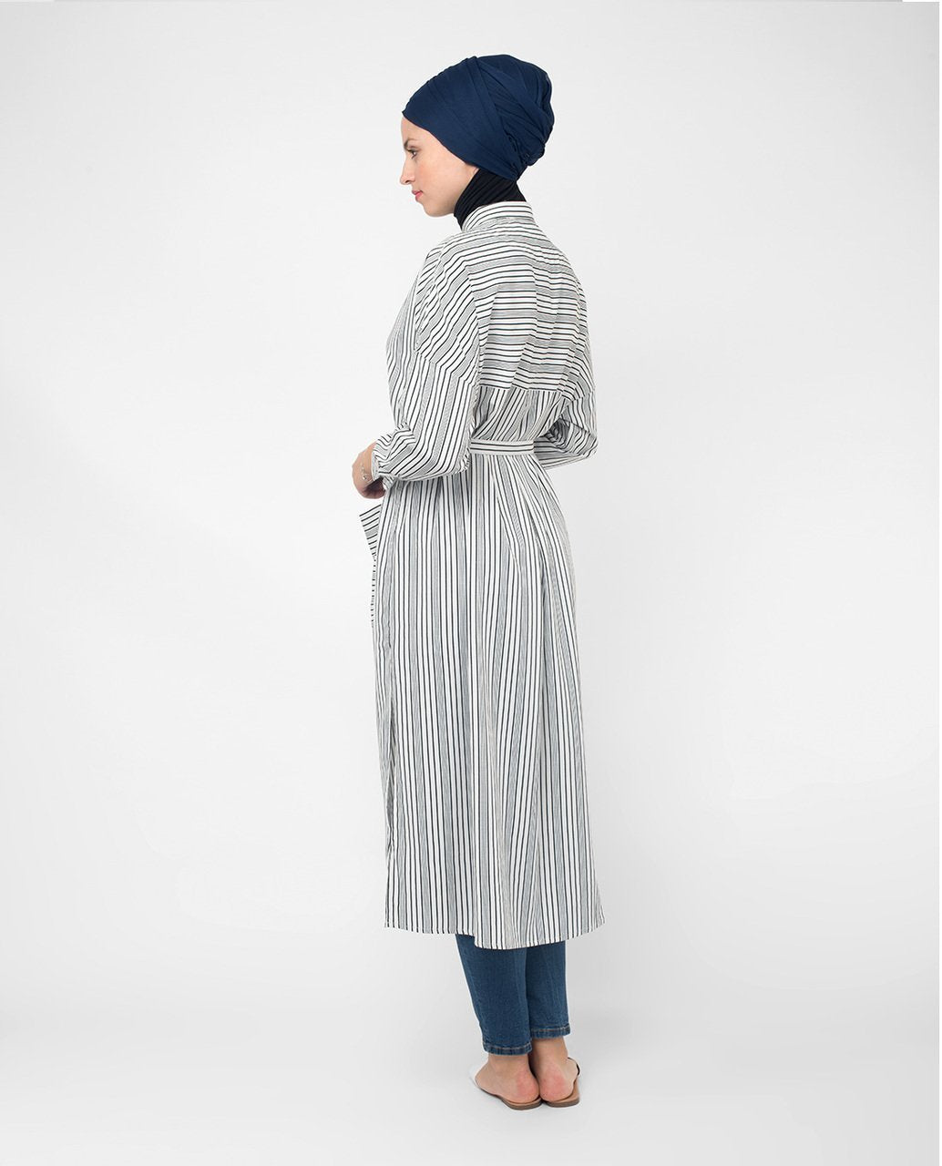 Black & White Striped Modest Shirt Dress Small (8-10) Petite (- 5'2")