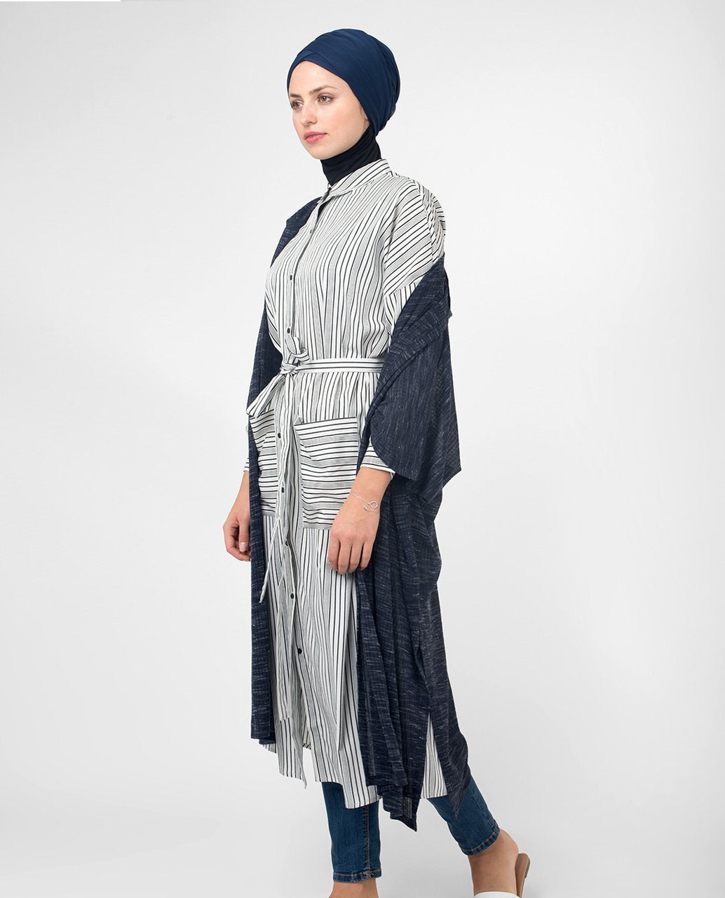 Black & White Striped Modest Shirt Dress Small (8-10) Petite (- 5'2")