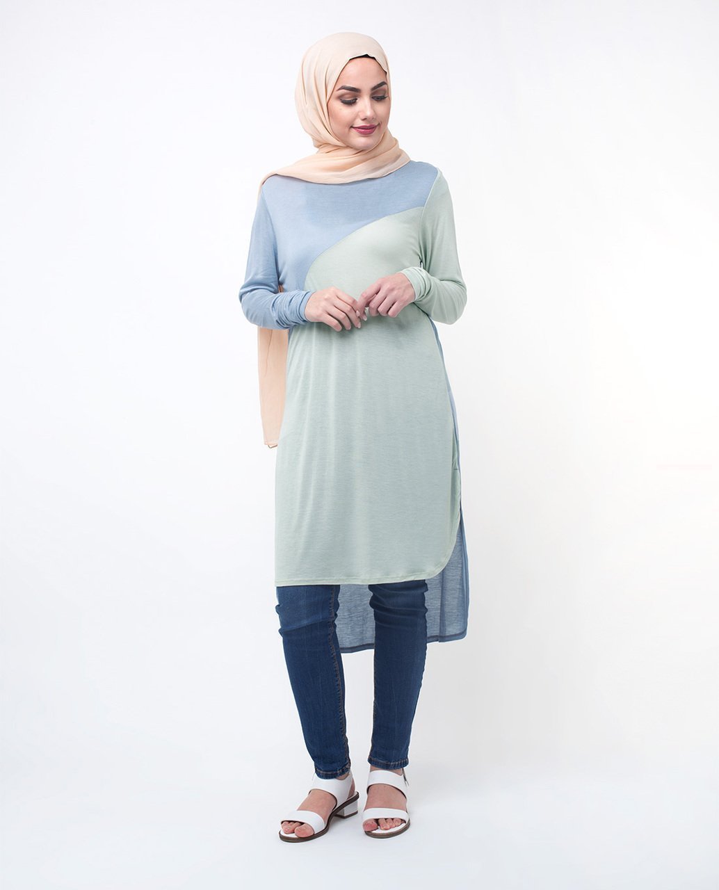 Blue & Green Colour Blocking Modest Top Small (8-10) Petite (- 5'2") Blue & Green